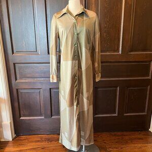 Vintage 70s Hostess Dress 100 Parkhouse Dallas Button Front Maxi Green M (est)